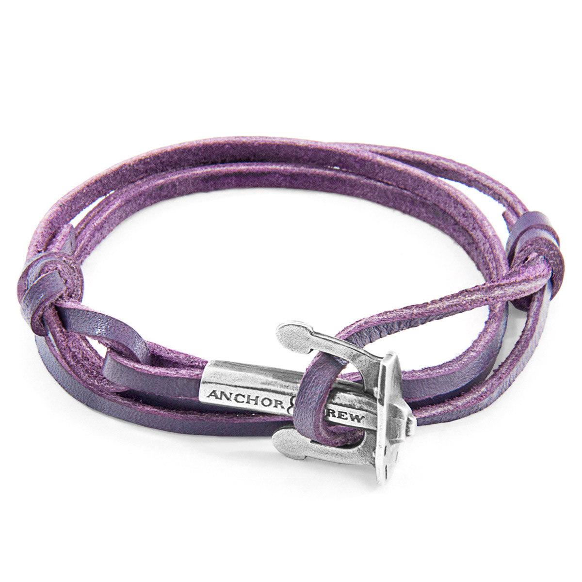 Anchor & Crew Grape Purple Union Anchor Silver and Flat Leather Bracelet