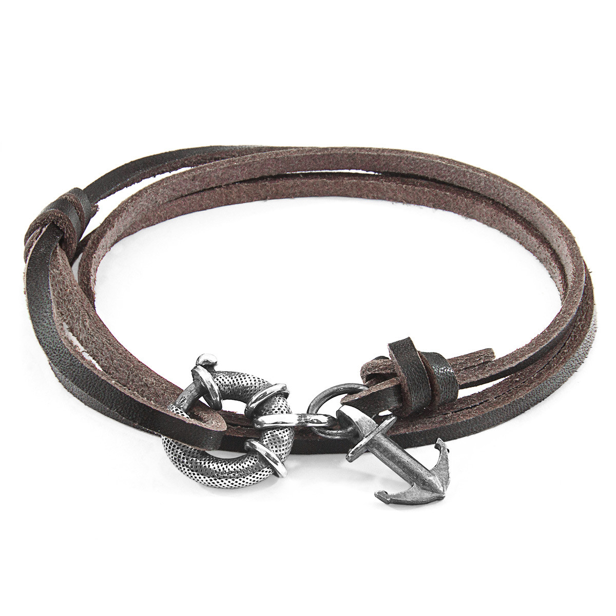 Anchor & Crew Dark Brown Clyde Silver and Flat Leather Bracelet