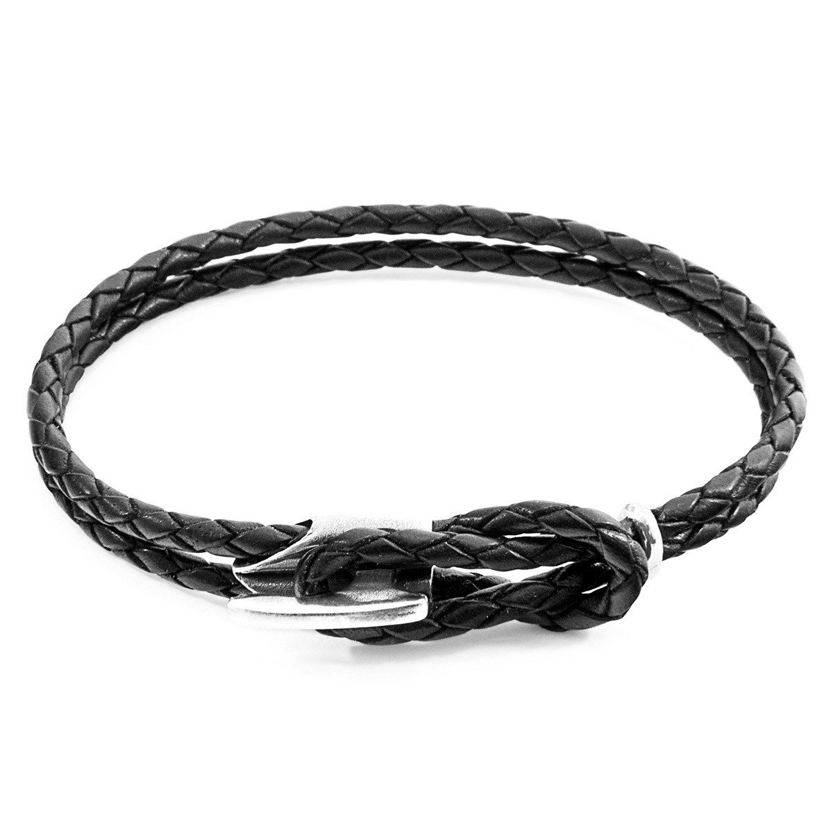 Anchor & Crew Coal Black Padstow Silver and Braided Leather Bracelet