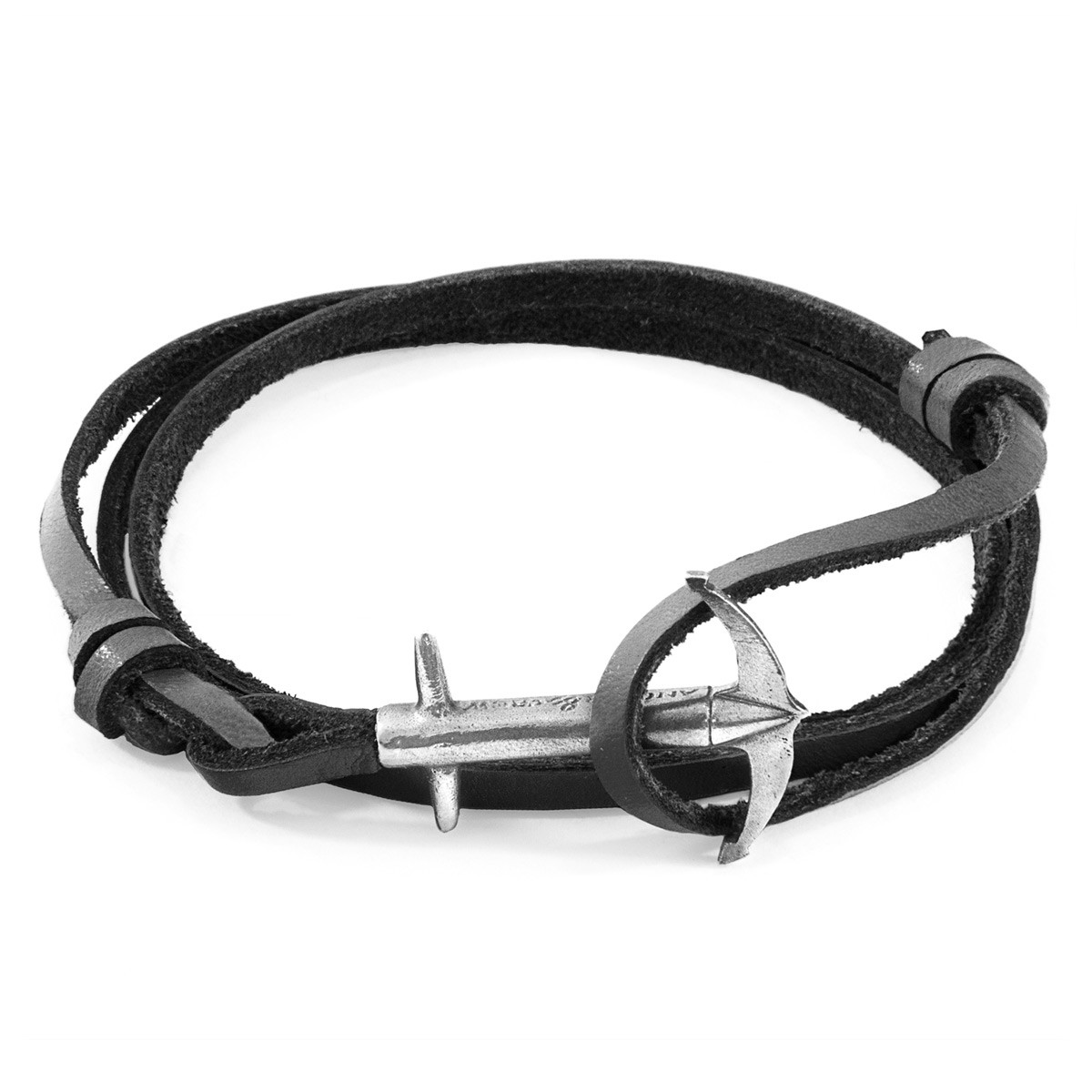 Anchor & Crew Coal Black Admiral Anchor Silver and Flat Leather Bracelet