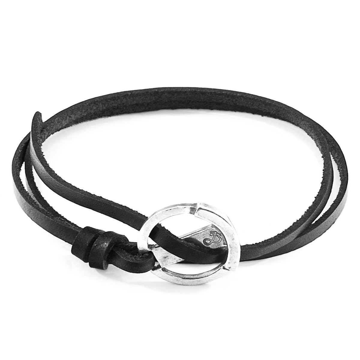 Anchor & Crew Coal Black Ketch Anchor Silver and Flat Leather Bracelet