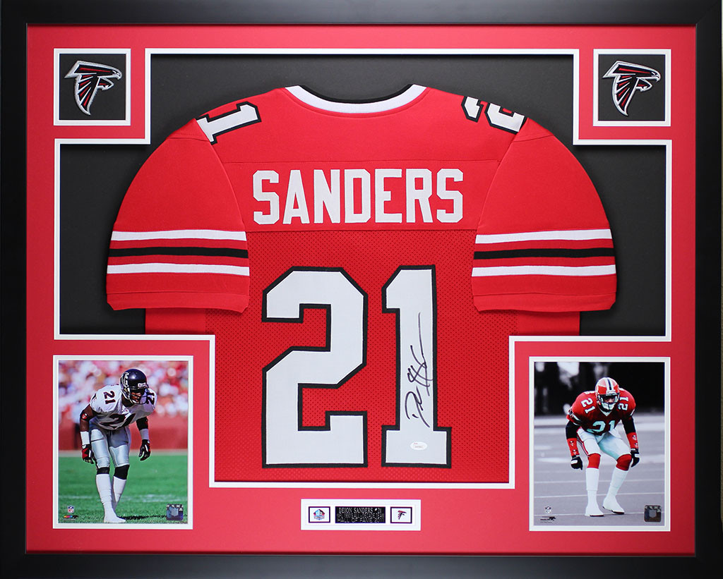 Deion Sanders Autographed and Framed Red Falcons Jersey