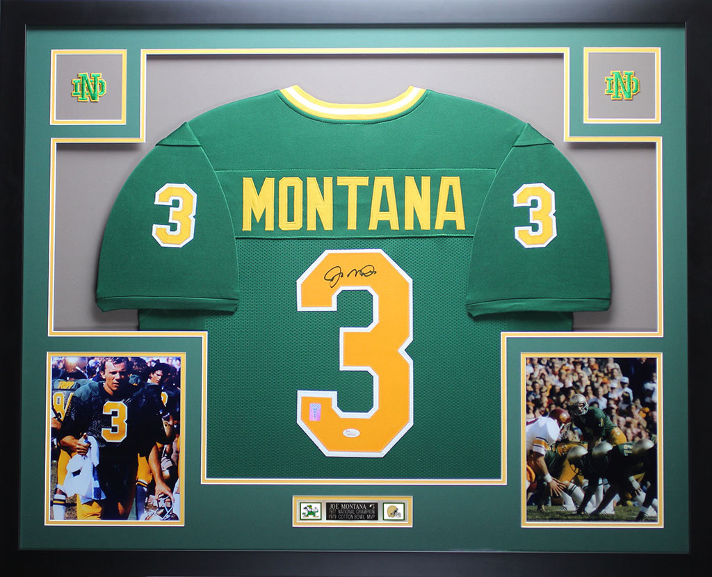 Joe Montana Autographed and Framed Green Notre Dame Jersey