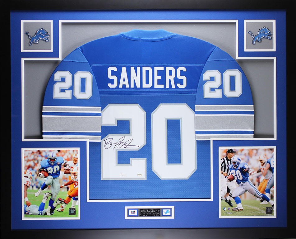 Barry Sanders Autographed and Framed Blue Detroit Lions Jersey