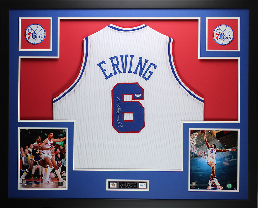 Julius Erving Autographed and Framed White 76ers Jersey