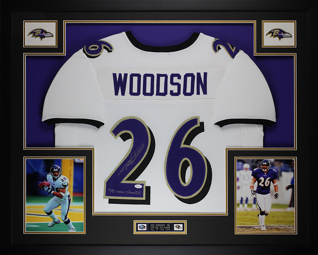 Rod Woodson Autographed SB Champs and Framed White Ravens Jersey