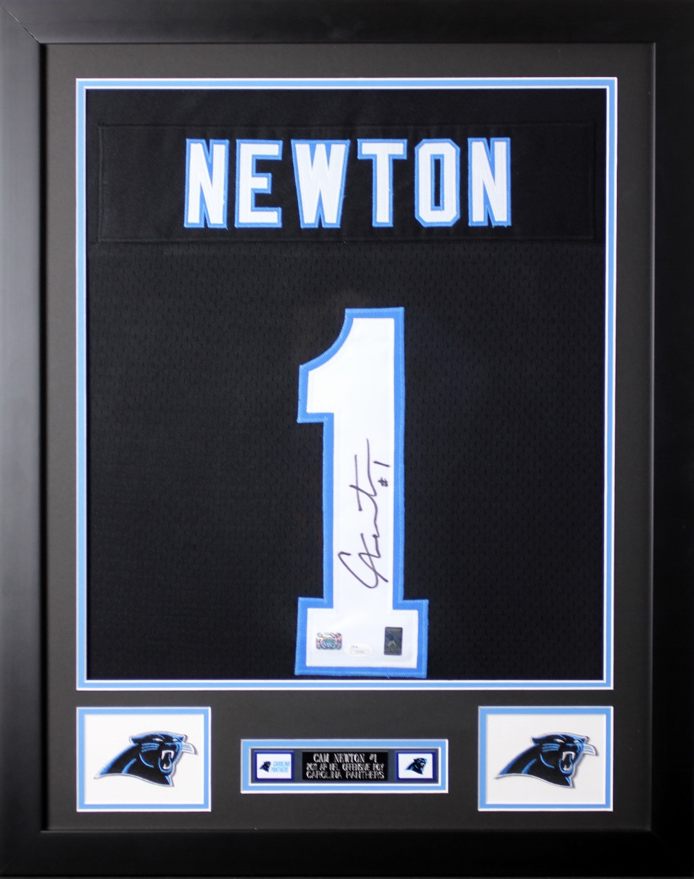 Cam Newton Framed and Autographed Black Panthers Jersey