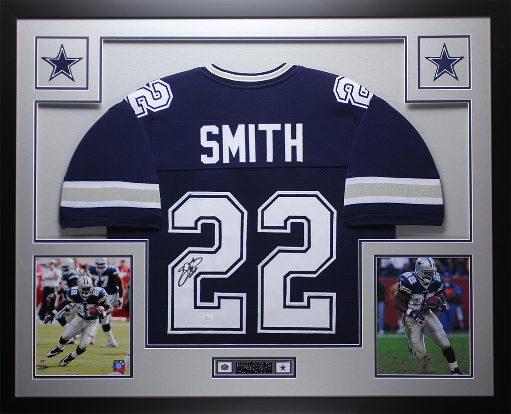 Emmitt Smith Dallas Cowboys Autograph Signed Custom Framed Jersey Suede Mat BLUE GTSM JSA Witnessed Certified 