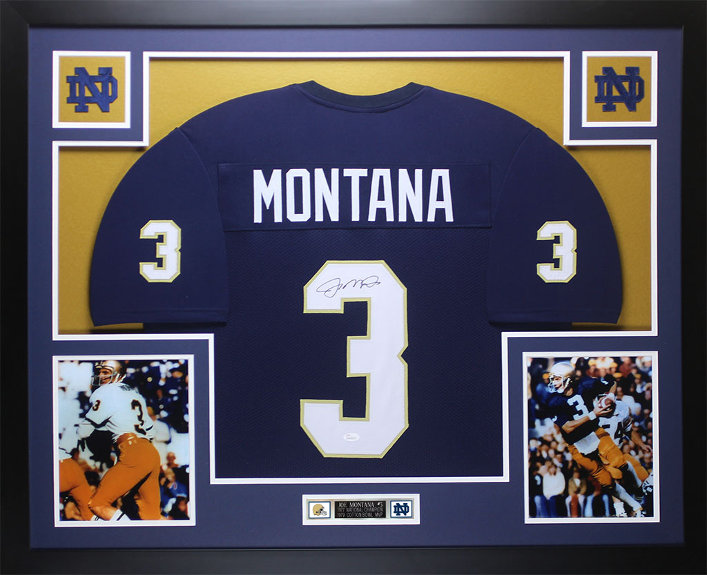 Joe Montana Autographed and Framed Blue Notre Dame Jersey