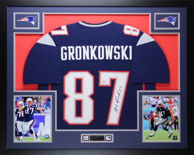 Rob Gronkowski New England Patriots Autograph Signed Blue Custom Framed Jersey Suede Mattted 4 Picture Beckett Certified 
