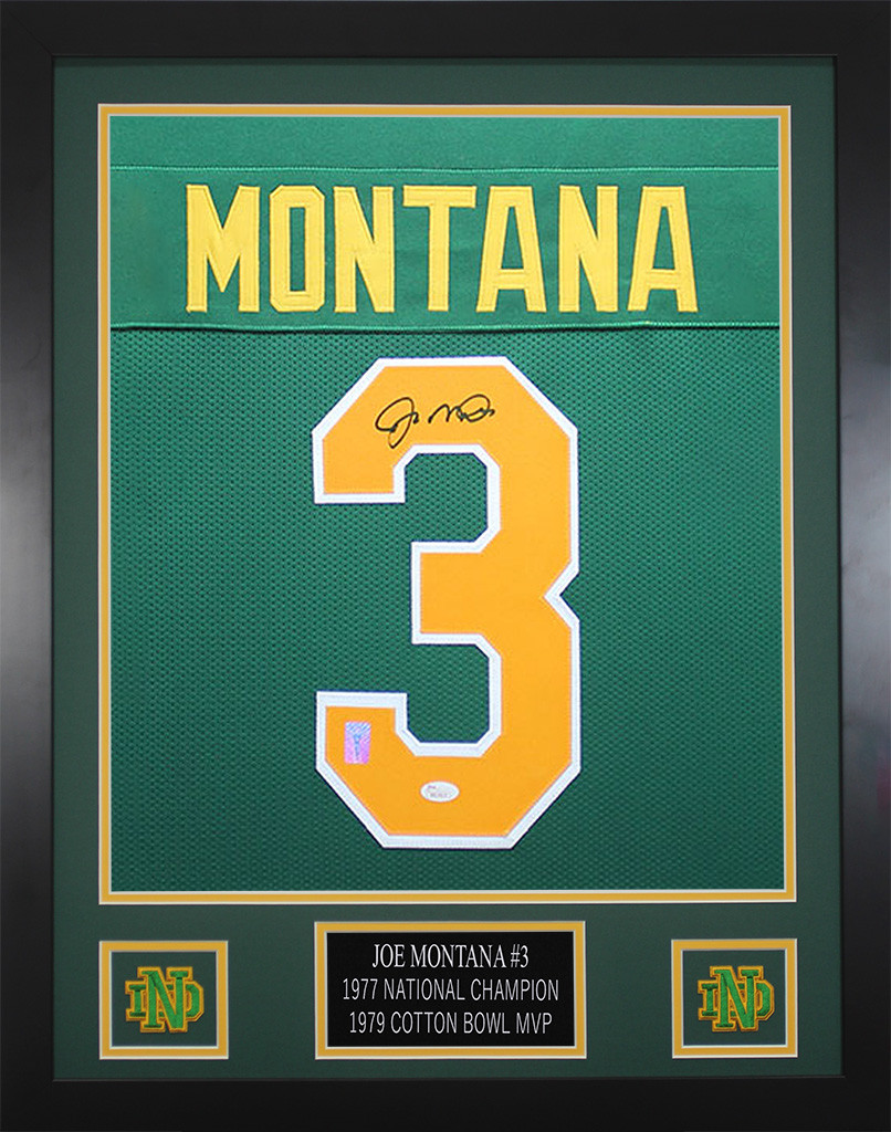 Joe Montana Autographed and Framed Green Notre Dame Jersey