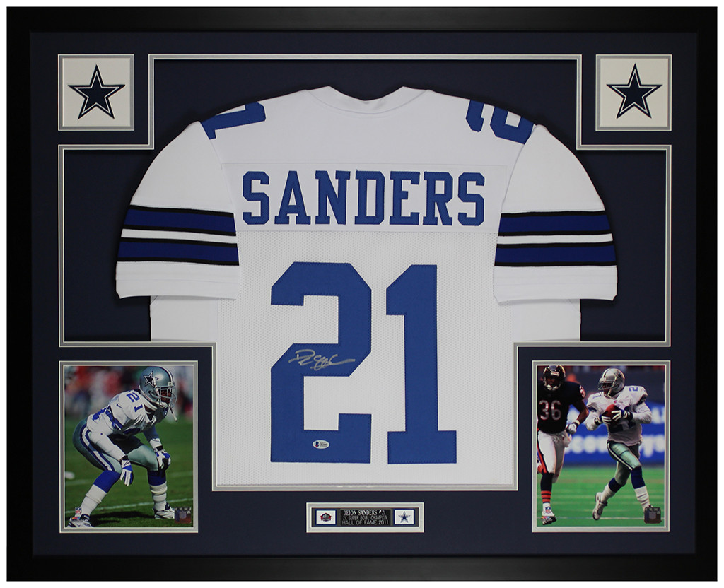 Framed Autographed/Signed Deion Sanders 33x42 Dallas Thanksgiving Day Football Jersey Beckett BAS COA 