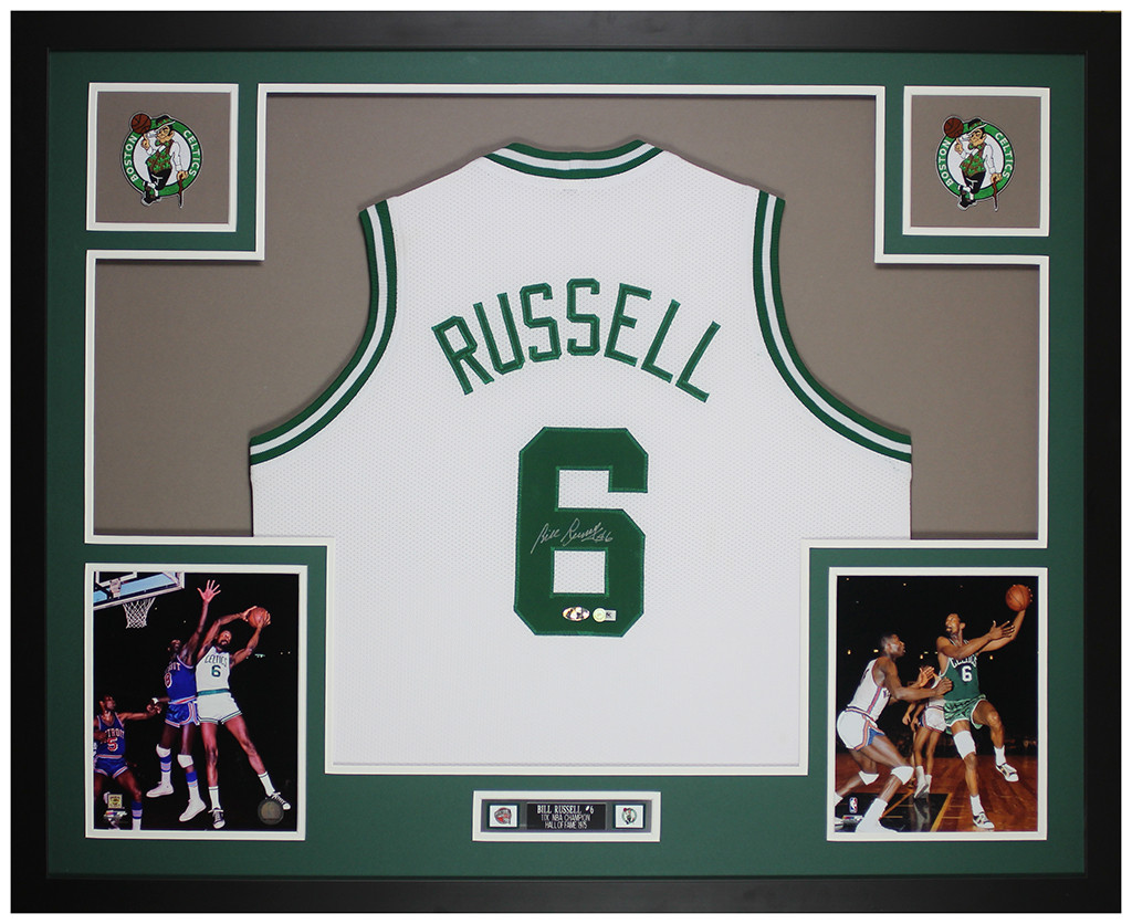 Bill Russell Boston Celtics Autograph Signed Custom Framed Jersey 4 Picture Suede Matted Front Team Name Hollywood Collectibles Certified 