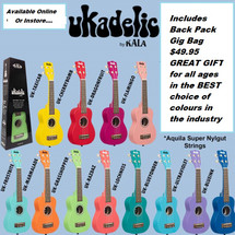 KALA Ukadelic Solid Colour Soprano Ukuleles in Gig Bag - FANTASTIC COLOUR RANGE