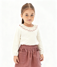  Selena White /Rose Long Sleeve  Embroidered Collar Top