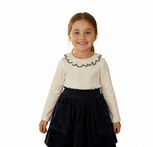  Selena White /Navy Long Sleeve Embroidered Collar Top