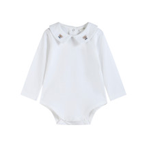 Nicolas White Teddy Bear Embroidered  Long Sleeve Collar Top