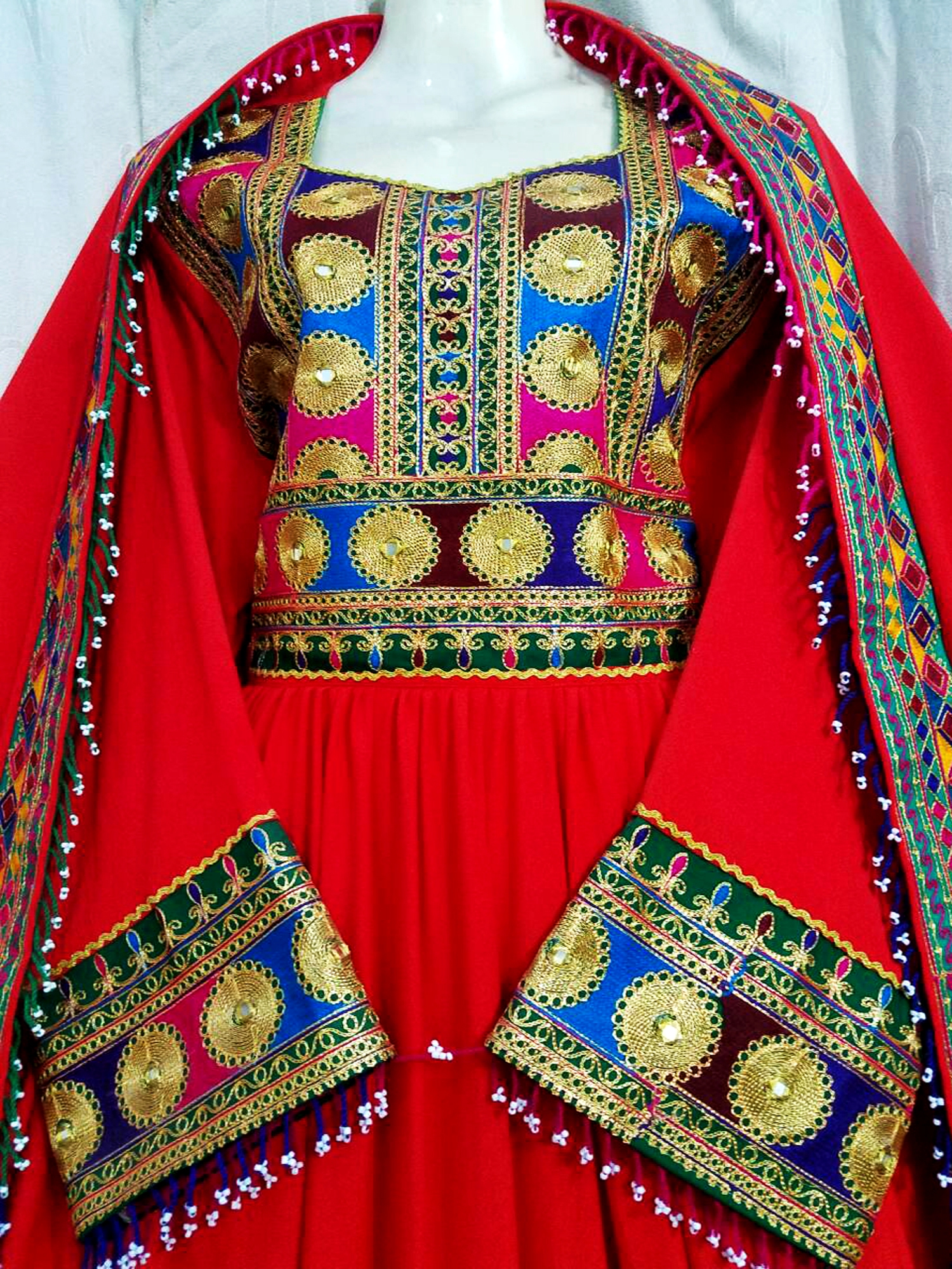 afghan bridal long clothes persian pashtun artwork dress in red color