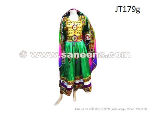 afghan dress in green color with yakhan work embroidery