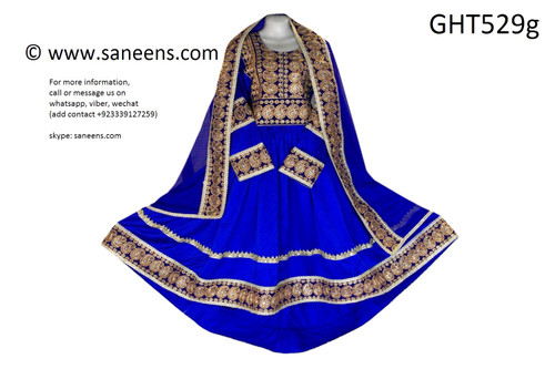 afghan clothes, pashtun brides frock with blue lace work