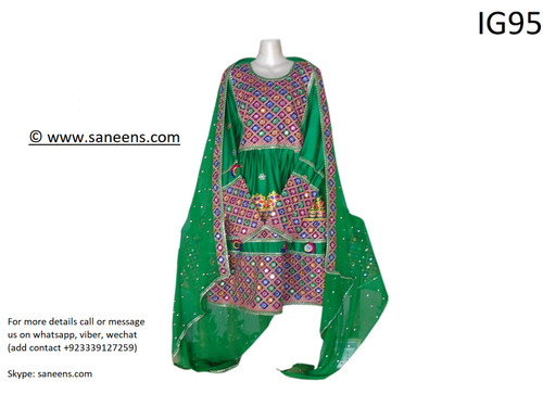 New afghan traditional kuchi style mirror work dress in green color