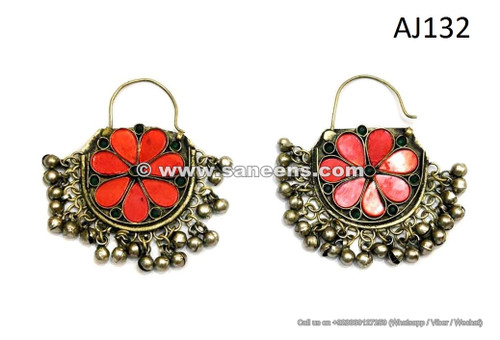 kuchi tribal artwork earrings with red stones