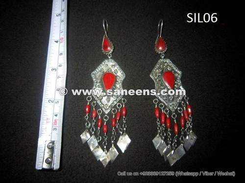 wholesale kuchi tribal earrings in silver and coral stones