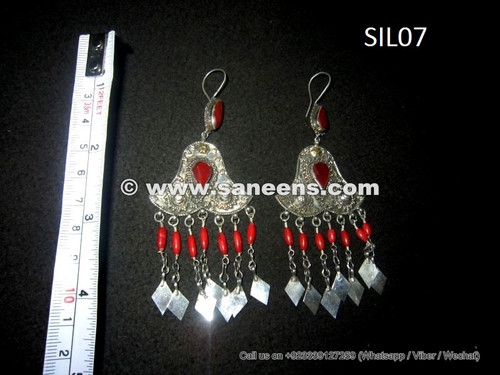 tribal kuchi earrings in silver metal, afghan coral stones wholesale jewelry in silver earplugs