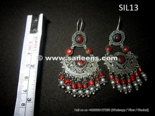 wholesale tribal kuchi earrings in silver and coral stones