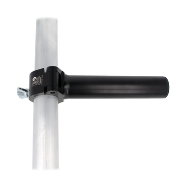Doughty 0.5 metre Boom Arm Black (T57316) shown attached horizontally to a raw aluminium scaffold bar with powder‑coated finish visible.
