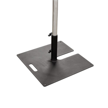 Doughty Tank Trap Fixed Base (T54250) broad steel base, carry handle, stacking slot, and vertical scaffold bar supported at two clamp points.