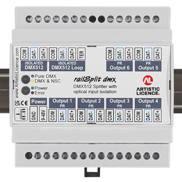Artistic Licence - Rail-Split DMX din rail DMX splitter showing terminals 