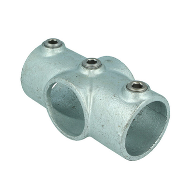 Doughty Pipeclamp Two Socket Crossover (T11900) shown with galvanised cast finish, Allen‑bolt fastener, and multiple tube openings.