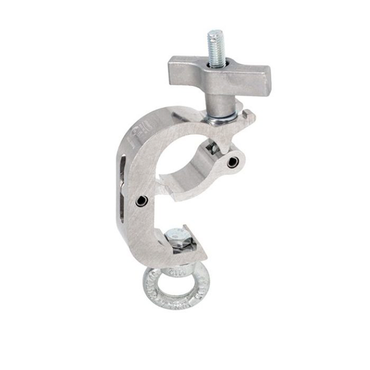 Doughty DOUT58862 trigger hanging clamp with eye bolt shown in angled view for suspending lighting or event equipment from truss.