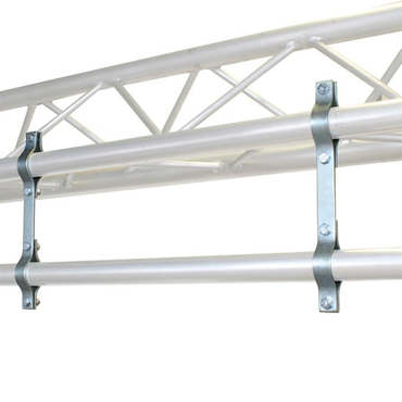 Doughty Pipe to Pipe Clamp 150mm Centres (T30700) shown with a scaffold bar suspended from triangle truss.