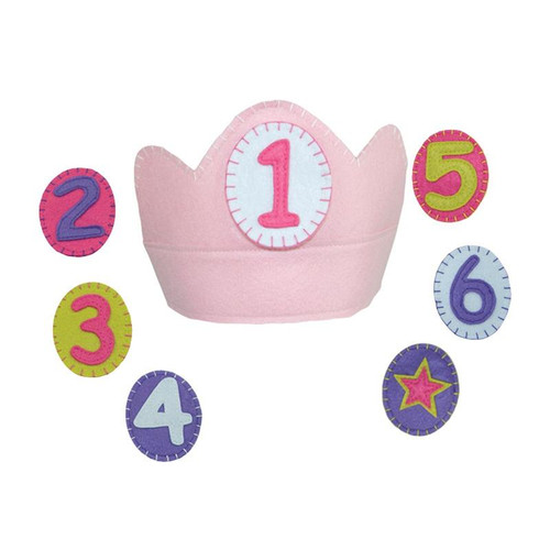 Crown with velcro closure for adjustable fit.  The numbers 1-6 attach with velcro.  
Plus a star for anyday play and after 6 years old.
Wearing this crown each year will surely be an annual tradition
poly felt, made in China
