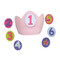 Crown with velcro closure for adjustable fit.  The numbers 1-6 attach with velcro.  
Plus a star for anyday play and after 6 years old.
Wearing this crown each year will surely be an annual tradition
poly felt, made in China