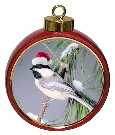 Chickadee Ceramic Red Drum Christmas Ornament