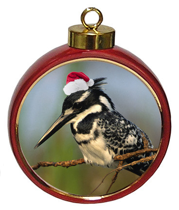 Pied Kingfisher Ceramic Red Drum Christmas Ornament