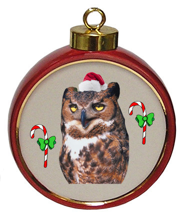 Great Horned Owl Ceramic Red Drum Christmas Ornament