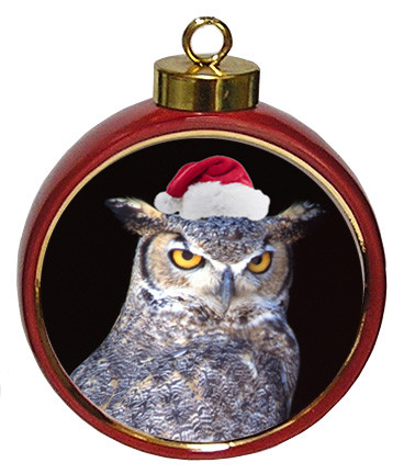 Great Horned Owl Ceramic Red Drum Christmas Ornament
