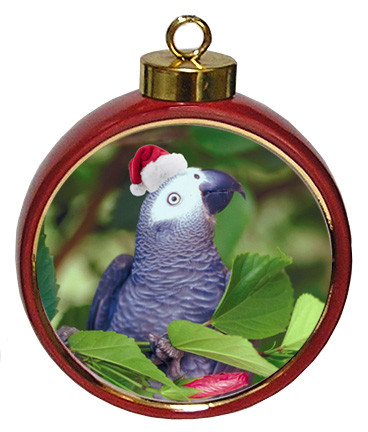 African Grey Parrot Ceramic Red Drum Christmas Ornament