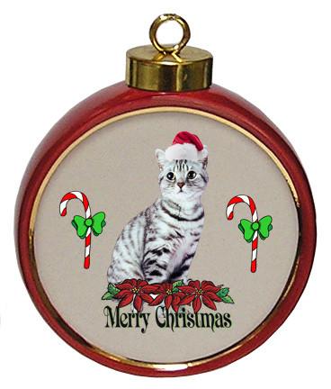American Shorthair Cat Ceramic Red Drum Christmas Ornament