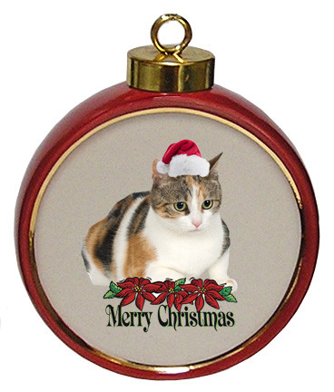 Calico Cat Ceramic Red Drum Christmas Ornament