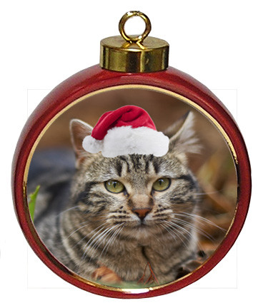Tabby Cat Ceramic Red Drum Christmas Ornament