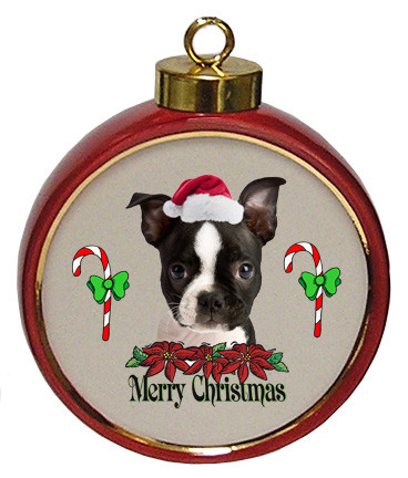 Boston Terrier Ceramic Red Drum Christmas Ornament
