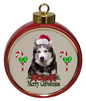 Siberian Husky Ceramic Red Drum Christmas Ornament