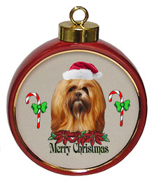 Lhasa Apso Ceramic Red Drum Christmas Ornament