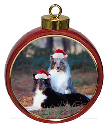 Shetland Sheepdog Ceramic Red Drum Christmas Ornament