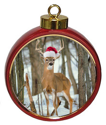 Deer Ceramic Red Drum Christmas Ornament
